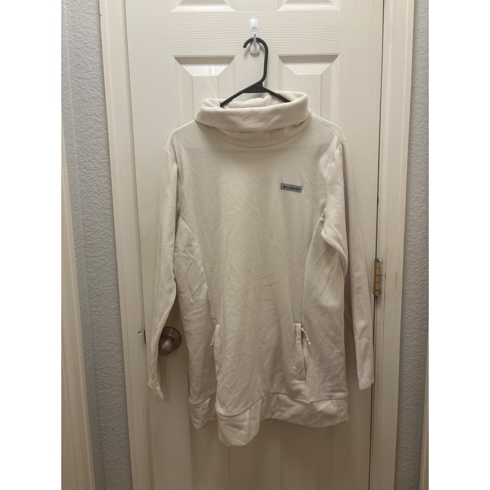 Columbia Womens Cream Fleece Cowl Neck Tunic Pullover Sweatshirt Large Pockets